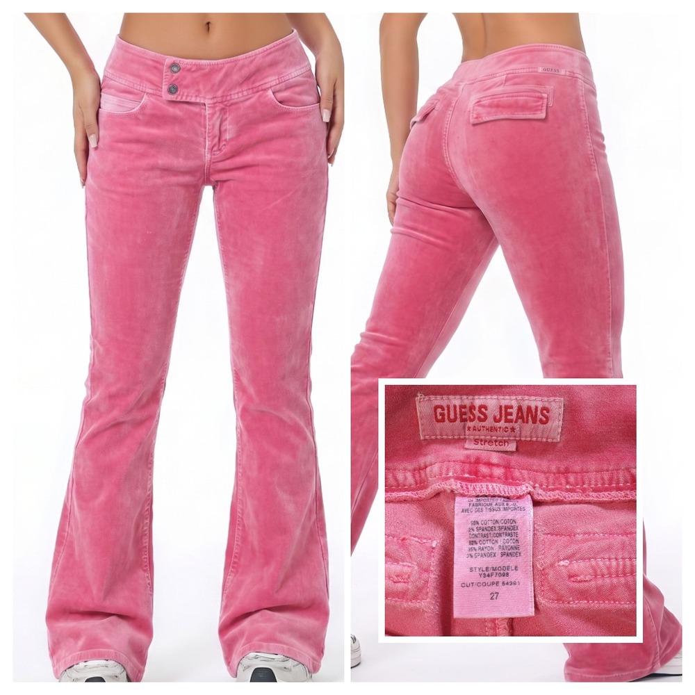Y2K Guess Low rise Flare Pants 27 x 32 Pink Velour Velvet Barbiecore Grunge Vtg